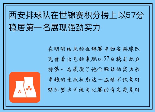 西安排球队在世锦赛积分榜上以57分稳居第一名展现强劲实力