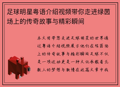 足球明星粤语介绍视频带你走进绿茵场上的传奇故事与精彩瞬间